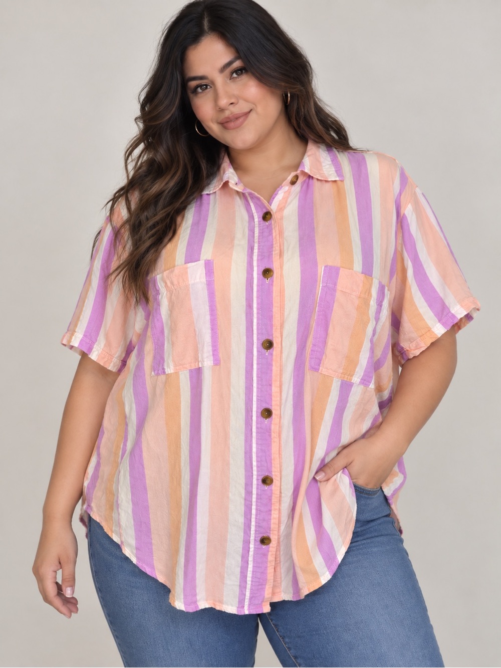 Terra & Sky 1X 16W-18W Striped Button Down Shirt Cotton Linen Plus Size